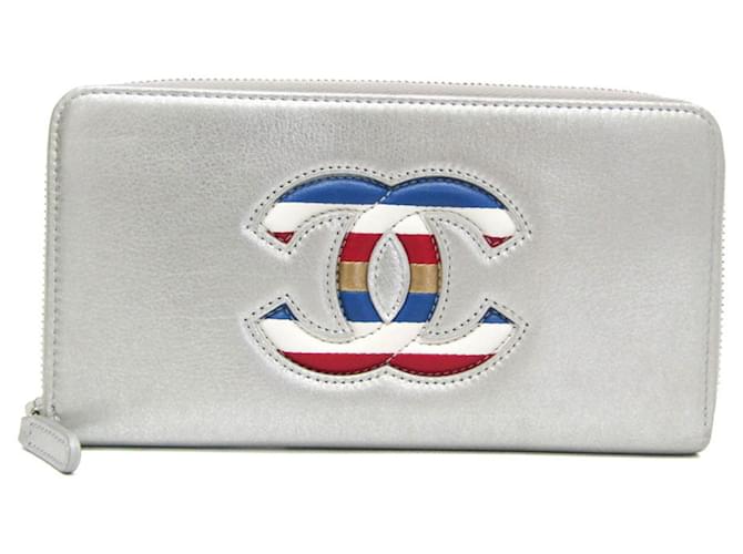 Chanel Airlines Women's Lambskin Long Wallet Silvery Leather  ref.1464480