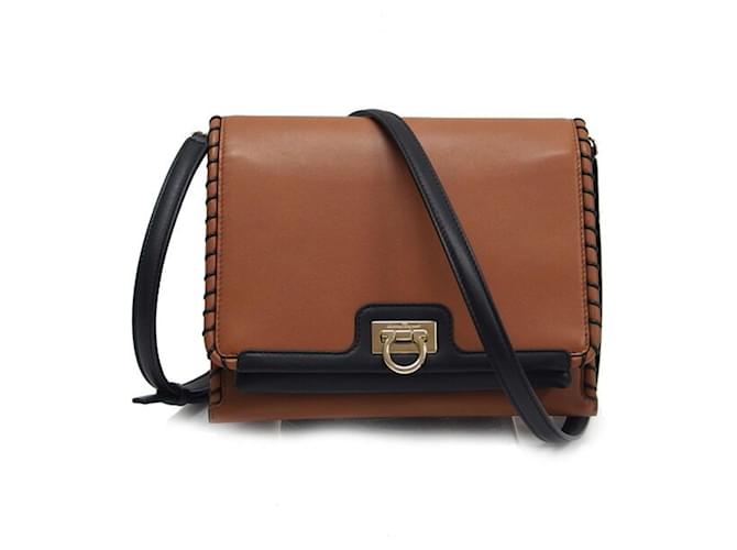 Salvatore Ferragamo Gancini Shoulder Bag Brown Black Leather  ref.1464532