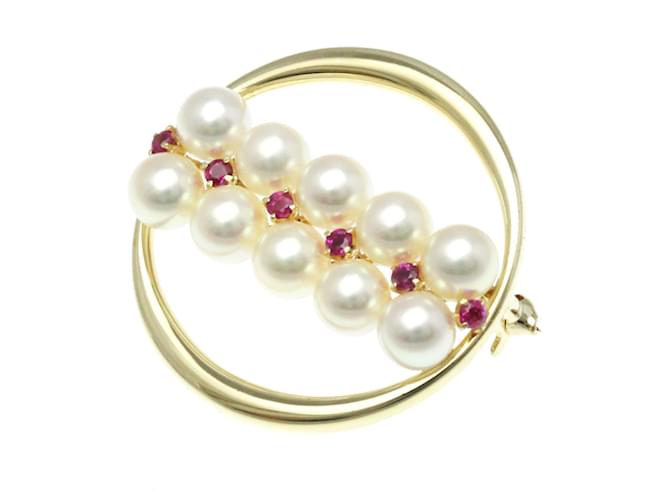 Broche de ouro amarelo 14K com diamantes e rubis Mikimoto Dourado  ref.1464760