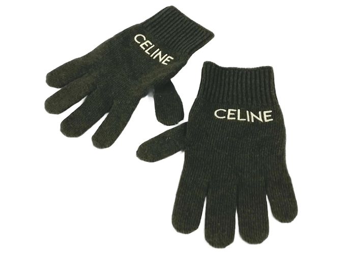 Céline Wool Gloves Khaki White