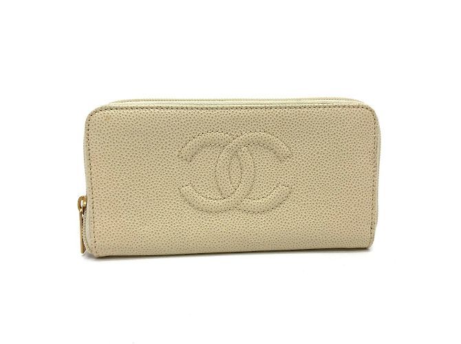 Cartera larga de cuero beige Chanel A13228