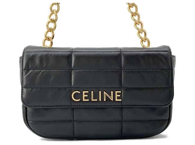 Céline Bolsa de Ombro Celine Chain Matelassé Monocromática Preto Couro  ref.1465656