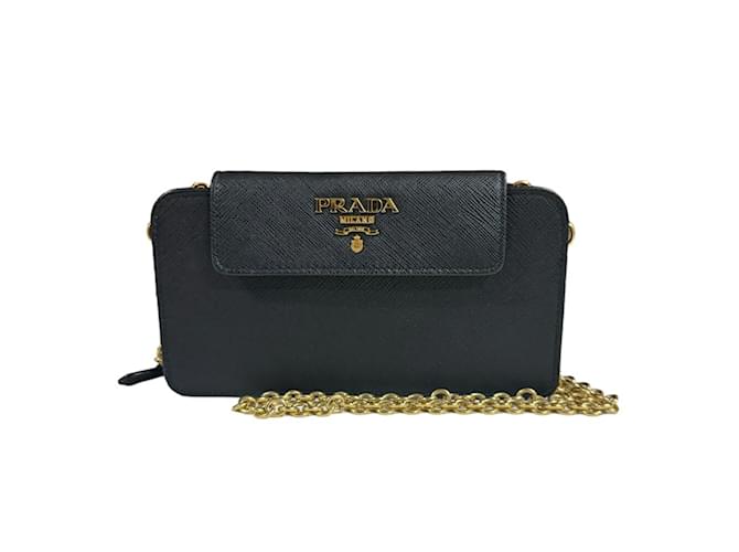 Bolsa de Ombro Prada Saffiano Preto Couro  ref.1466275