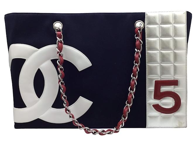 Bolsa Tote com Corrente Chanel No.5 Prata Branco Vermelho Azul marinho Couro Lona  ref.1466485