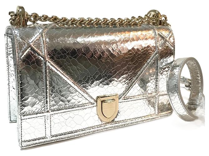 Bolsa de ombro de couro prateado Christian Dior Prata