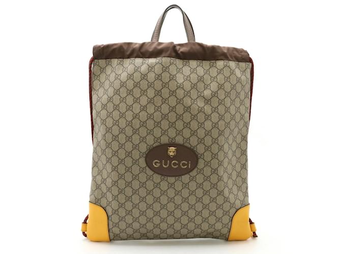 Mochila con cordón Gucci GG Supreme cabeza de gato Beige Marrón oscuro Cuero Plástico  ref.1467163