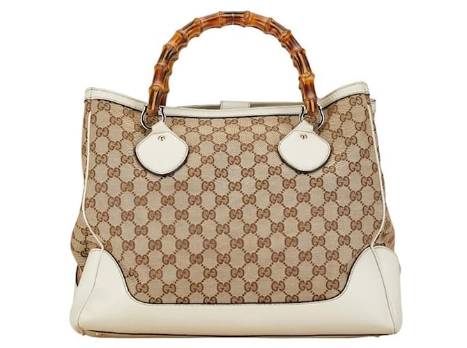 Gucci GG Canvas Bamboo Handbag White Beige Leather Cloth  ref.1467414