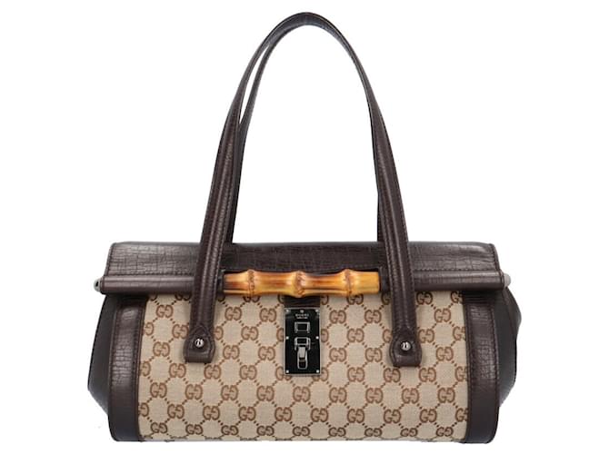 Gucci Bamboo Handbag Brown Beige Leather Cloth  ref.1467968