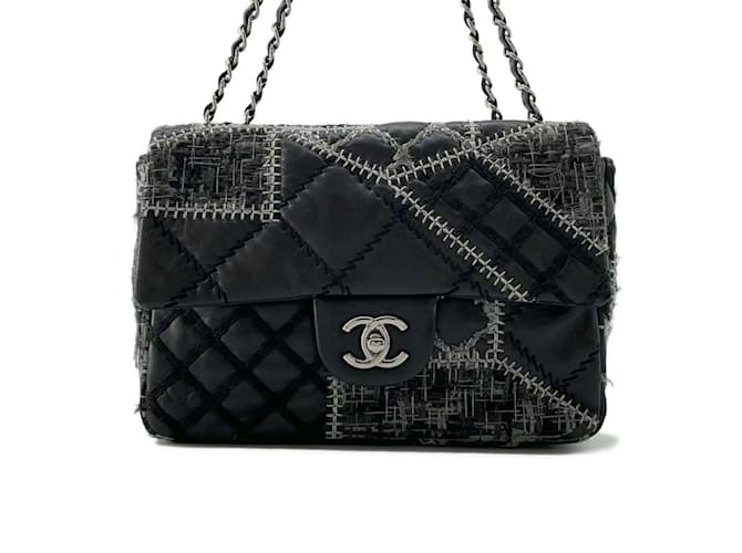 Chanel Chain Shoulder Bag in Black and Gray Tweed Brown Leather  ref.1468167