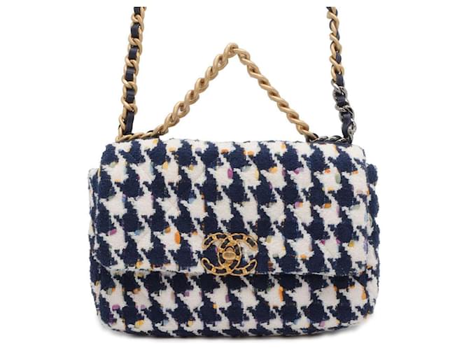 Bolso de Hombro Chanel Chain 19 Flap Coco Mark Tweed AS1160 Blanco Azul  ref.1468180