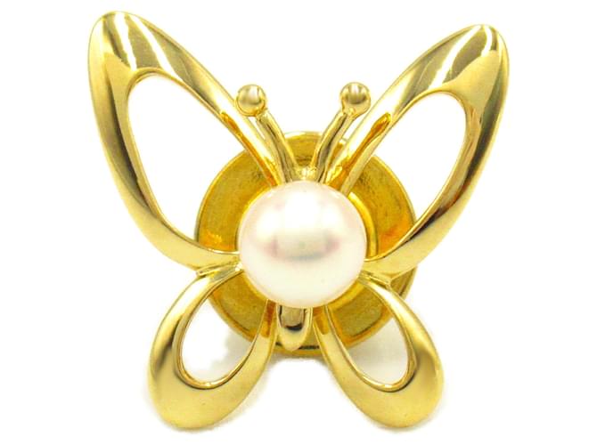 Broche de Pérola Borboleta Mikimoto Branco Ouro amarelo  ref.1468394