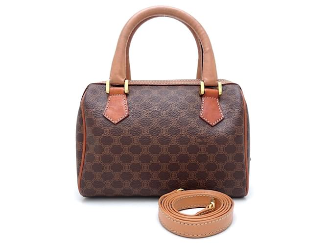 Céline Celine Boston 2-Way Bag in Brown Leather Cloth Plastic  ref.1468822