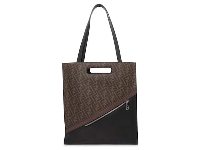 Fendi Zucca Tote Bag Braun Schwarz Leder Kunststoff  ref.1468866