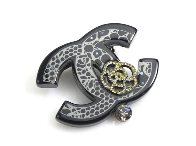 Broche Coco Mark da Chanel Preto Prata Resina  ref.1469588