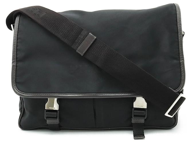 Borsa a Spalla Jacquard Prada Nero Marrone scuro Pelle Nylon  ref.1469705