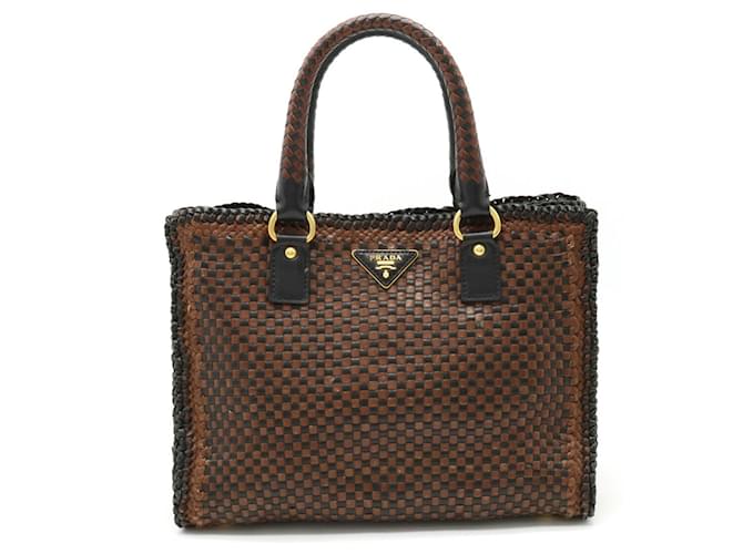 Tote Prada Madras Handtasche Braun Schwarz Leder  ref.1469745