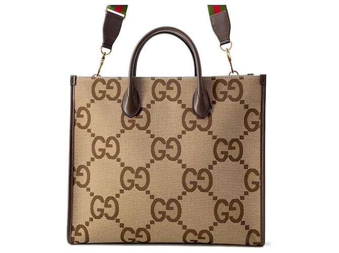 Gucci Jumbo GG Canvas Leather Tote Bag Brown Beige Cloth  ref.1469783