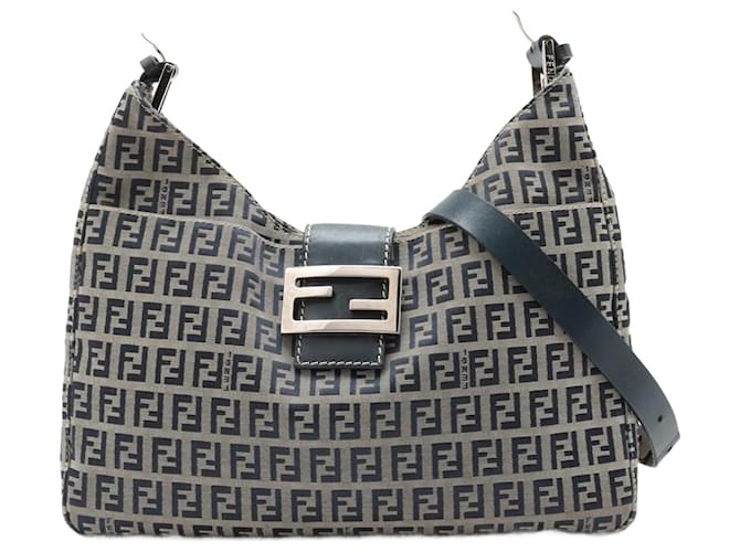 Fendi Zucchino FF Hardware Schultertasche aus Leder und Canvas Marineblau Leinwand  ref.1470156