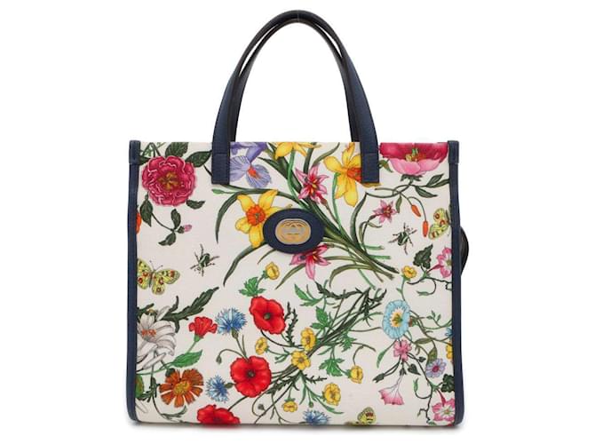 Bolso de lona Gucci Flora Blanco Multicolor Azul marino Lienzo  ref.1470917