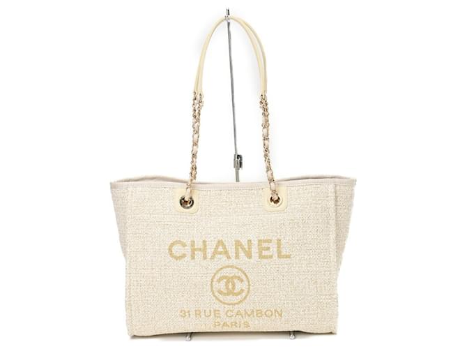 Chanel Deauville MM Medium Chain Tote Bag Weiß Leder Stroh  ref.1471704