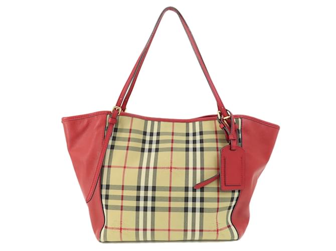 Sac fourre-tout Burberry Nova Check Cuir Toile Marron Rouge  ref.1471970