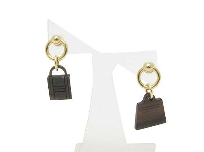 Hermès Hermes Amulettes Maroquinier Padlock Kelly Motif Stud Earrings Golden Dark brown Metal  ref.1472551