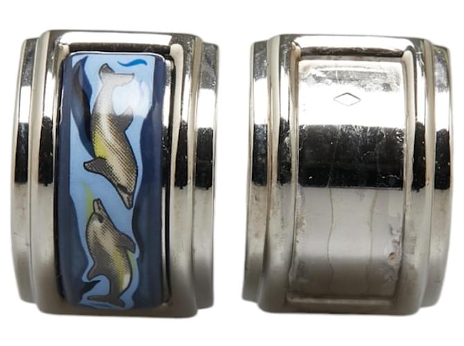 Hermès Hermes Enamel Cloisonné Dolphin Clip Earrings Silvery Multiple colors Metal  ref.1472563