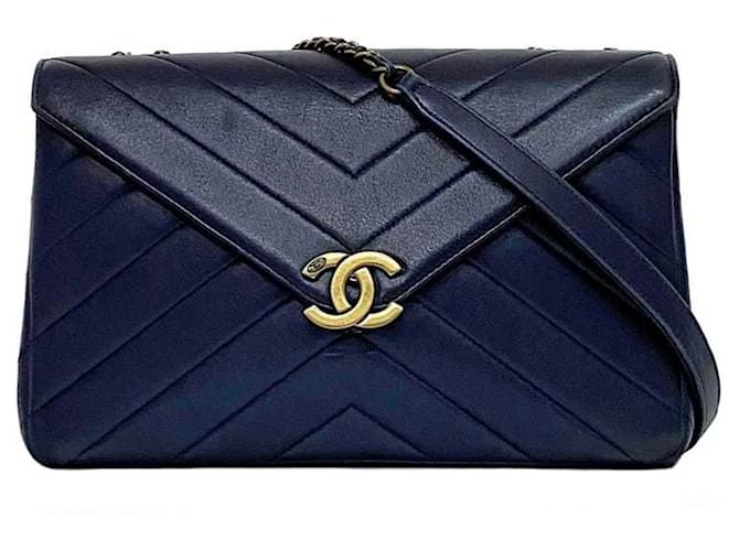 Chanel Navy Lambskin Chain Shoulder Bag Navy blue Leather  ref.1472740