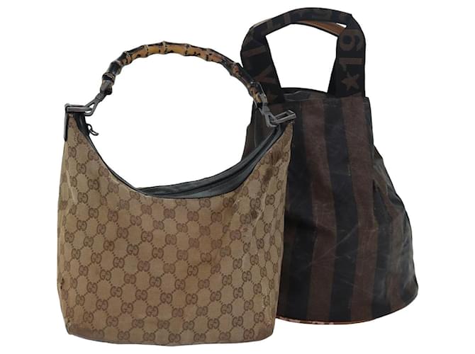 Handtasche FENDI Gucci Bamboo GG Canvas Pecan Canvas 2Set Beige Schwarz Auth ti1766