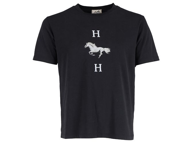 Camiseta de algodón negro con estampado de logo de caballo Hermès