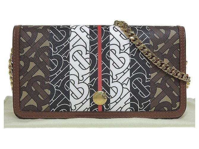 Burberry Logo Stripe Chain Wallet Shoulder Pouch Brown