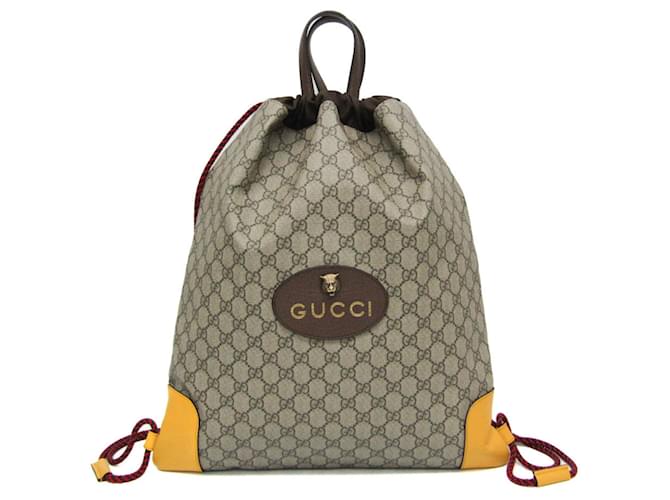 Mochila con cordón Gucci 473872 Beige Amarillo Marrón oscuro Cuero Lienzo  ref.1479770