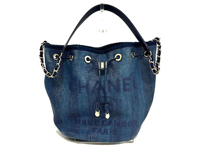 Chanel Raffia Leather Drawstring Shoulder Bag A57536 Blue