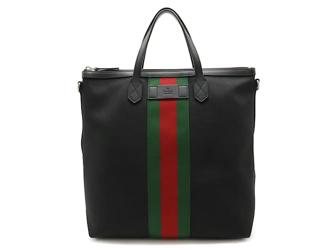 Gucci Sherry Line Web Stripe Tragetasche Schwarz Rot Grün Leder Leinwand  ref.1483080