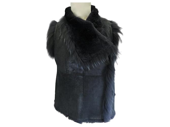 Yves Salomon Midnight Rabbit Fur Lined Leather Vest Navy blue  ref.1483133