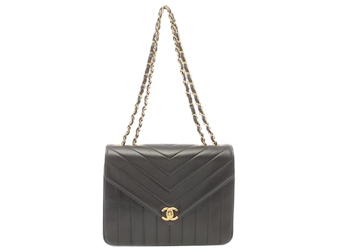 Bolsa de ombro Mademoiselle de couro Chanel V Stitch Chevron 2572722 em ótimo estado Preto  ref.1484334