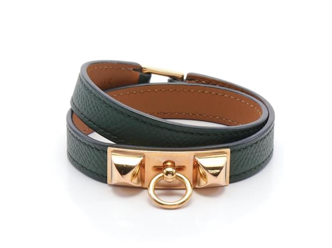 Hermès Pulseira Hermes Rivale Double Tour em couro em ótimo estado Verde  ref.1484337