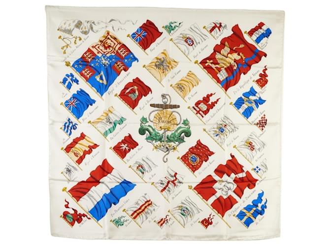 Hermès Hermes Carre 90 PAVOIS Ship's Flag Scarf White Multiple colors Silk  ref.1485013