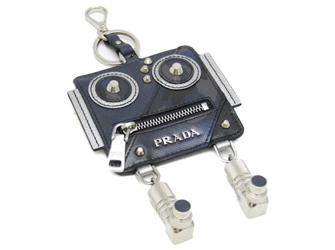 Llaverito en robot Saffiano de Prada Plata Azul marino Cuero Metal  ref.1485086