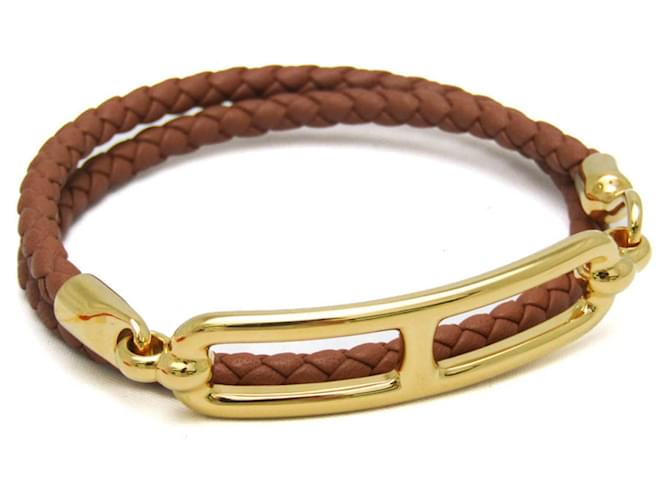 Hermès Hermes Lury Doubletour Charm Bracelet Golden Light brown Leather Metal  ref.1485092