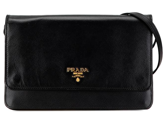 Portefeuille à rabat en métal Saffiano noir Prada avec sangle Cuir  ref.1485213