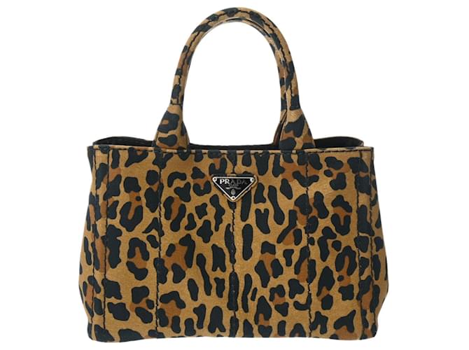 Prada Canapa Tote Leopard Print Handbag Brown Black Denim  ref.1485282