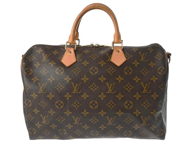 Bolsa Louis Vuitton Monogram Speedy Bandoulière 35 Marrom Preto Monograma Couro envernizado  ref.1485581