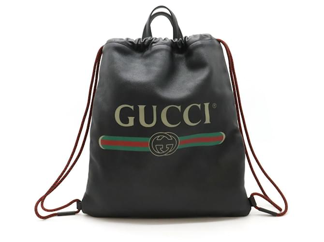 Gucci Druck Zugbeutel Rucksack Schwarz Rot Grün Leder  ref.1485987