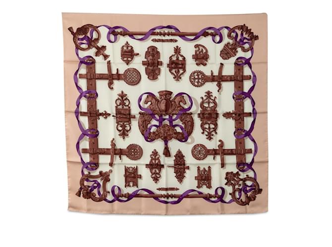 Foulard Hermès Carré 90 FERRONNERIE Soie Rose Blanc Multicolore  ref.1486175