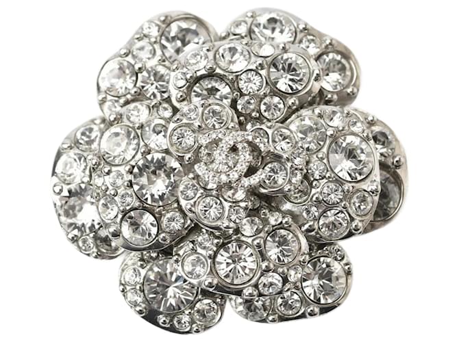 Chanel Camellia Motif Rhinestone Pin Brooch Silvery  ref.1486532