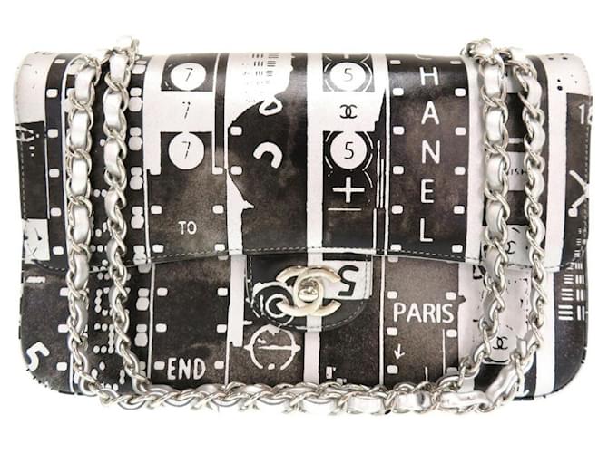 Chanel Matelasse 25 Print Double Flap Shoulder Bag Black Silvery Leather  ref.1486834