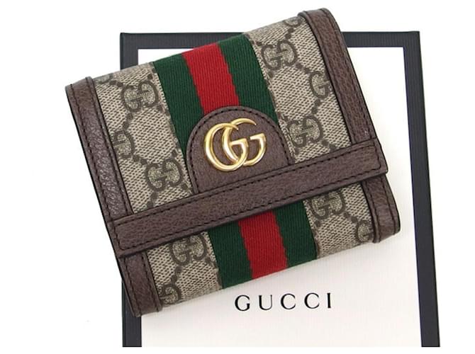 Portefeuille compact tri-fold Gucci Ophidia Sherry Line Toile Marron Rouge Beige Vert Marron foncé  ref.1486918