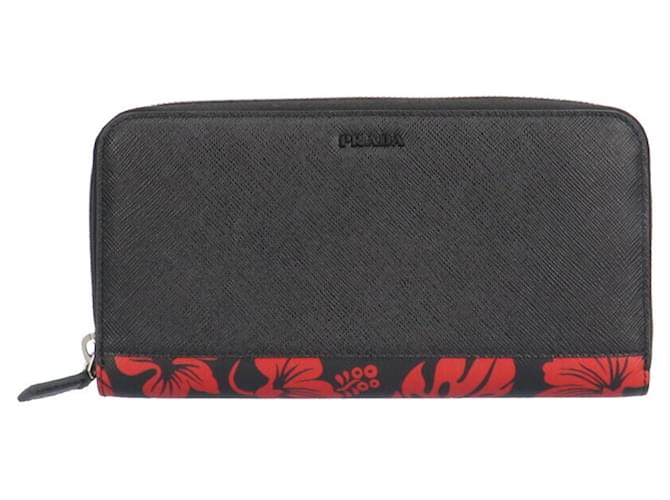 Prada Saffiano Long Wallet Black Red Leather  ref.1488259