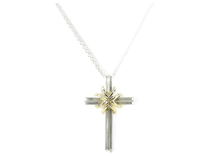 Tiffany & Co Tiffany Necklace Signature Cross Silvery Silver Yellow gold  ref.1488692